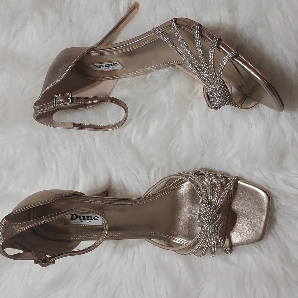 Dune London Marvelle Leather Metallic Embelish Diamond Knot Strappy Heels Sz-10